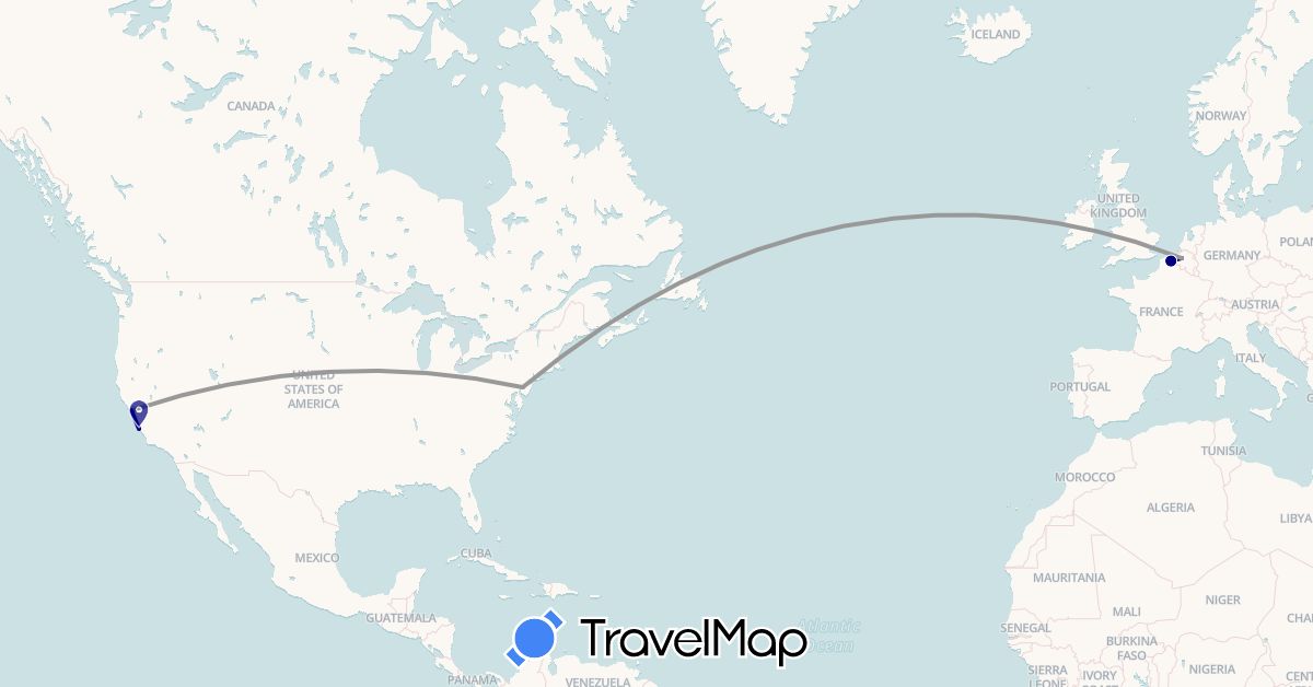TravelMap itinerary: driving, plane in Belgium, France, United States (Europe, North America)